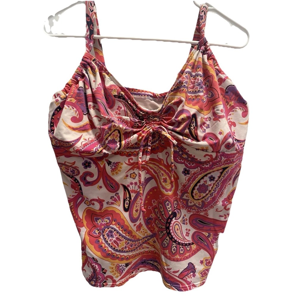 Paisley Tankini Top Lands End Women's 18 DDD Built In Bra Adjustable Swim Pink